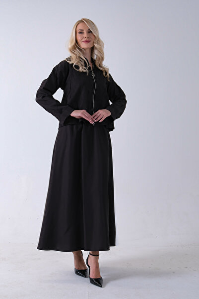 Feminist Fermuar Kapamalı Ceket Üzeri Desenli Etekli Takım Siyah 4577259