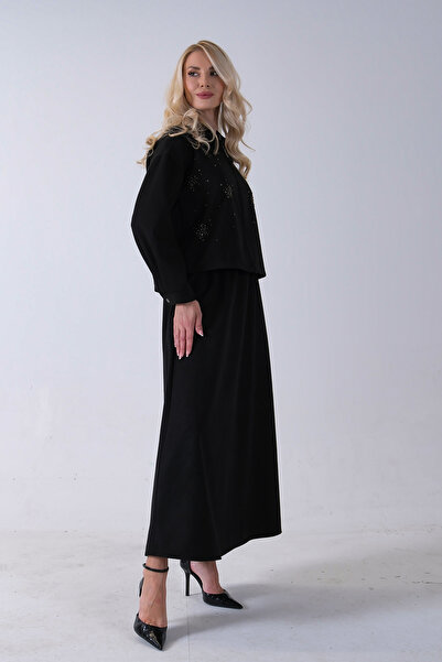 Feminist Ceket Fermuar Kapamalı Üzeri Taş Detaylı Etekli Kadife Takım Siyah 4577264