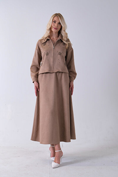 Feminist Ceket Fermuar Kapamalı Üzeri Taş Detaylı Etekli Kadife Takım Sütlü Kahve 4577264