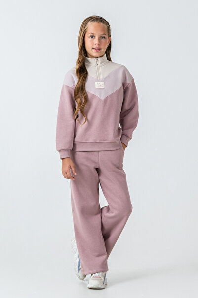 AHENGİM Σετ χειμερινής φόρμας για κορίτσια με λεπτομέρεια πεταλούδας με μισό φερμουάρ 3 κλωστών Ak4233