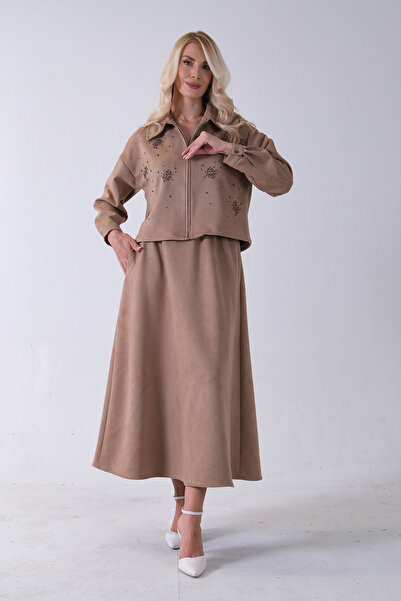 Feminist Ceket Fermuar Kapamalı Üzeri Taş Detaylı Etekli Kadife Takım Sütlü Kahve 4577264