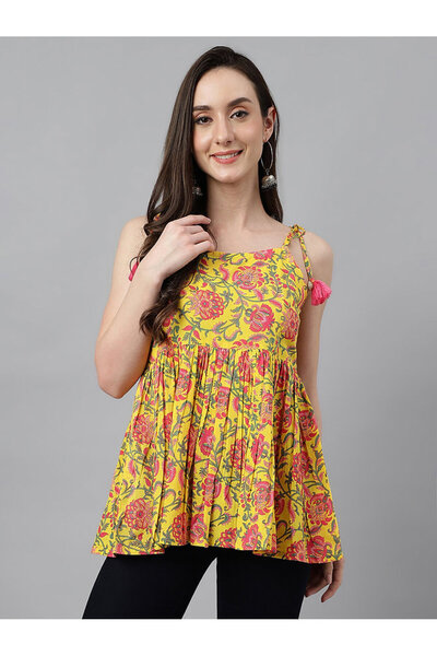 IndHeritage Yellow sleeveless cotton top with floral prints perfect for office / casual wear