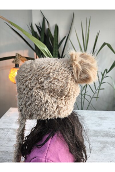 Şimo Butik Girl's Long Pompom Ear-Covering Beanie Plush Puff Soft Camel (Light Tan)