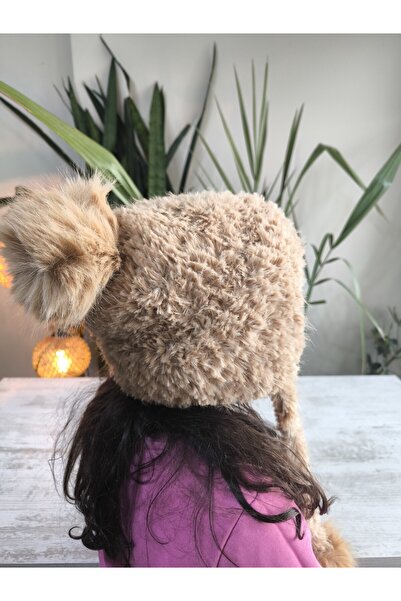 Şimo Butik Girl's Long Pompom Ear-Covering Beanie Plush Puff Soft Camel (Light Tan)