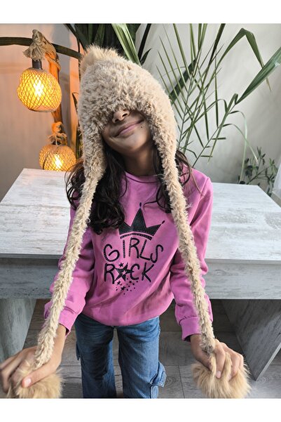 Şimo Butik Girl's Long Pompom Ear-Covering Beanie Plush Puff Soft Camel (Light Tan)