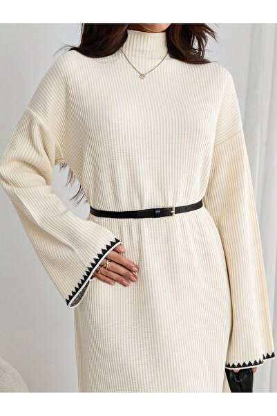 MARLİNG Fitilli Triko Krem Elbise