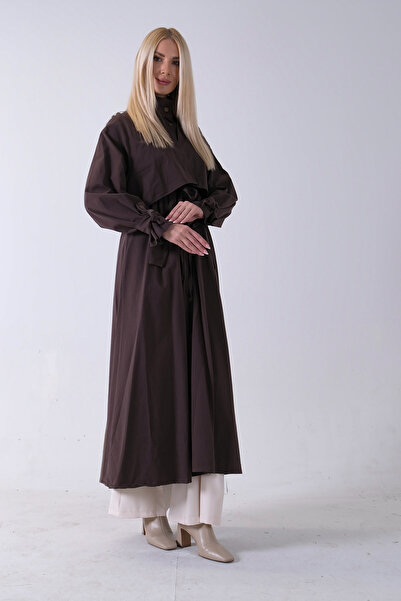 Feminist Belden Bağlama Detaylı Yandan Cepli Uzun Trenç Kahve 422237