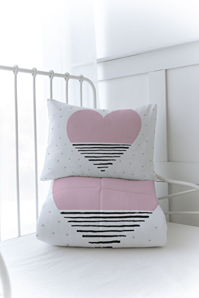 Tuğba Kuğu Organic Printed Montessori (100X200) Quilt Set - Pure Baby Series - Pink Striped Heart