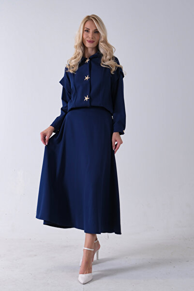 Feminist Beli Lastikli Deniz Yıldızı Çıt Çıt Kapamalı Ceket Detaylı Etekli Takım Lacivert 4592269