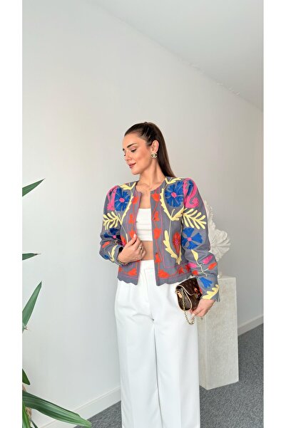 QİMYA BUTİK Keyymod Women's Embroidery Embossed Short Stylish Colorful Jacket