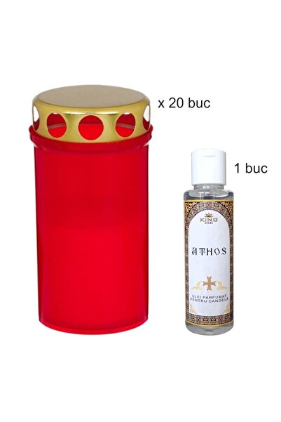 KingAroma Set 20 buc Candele cu capac, Tip 1-130 rosu, 25ore si Ulei parfumat pt candela Athos 50 ml