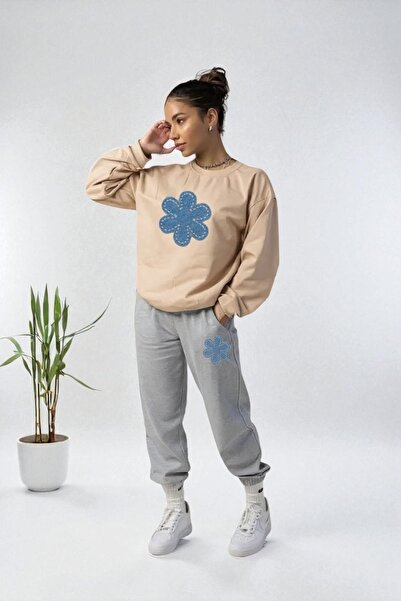 Wish BF supradimensionat Set de trening Blue Flower cu imprimeu cu glugă pent...