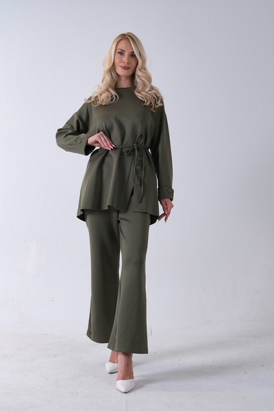 Feminist Bisiklet Yaka Önü Düğme Kapama Görünümlü Pantolonlu Scuba Takım Haki...