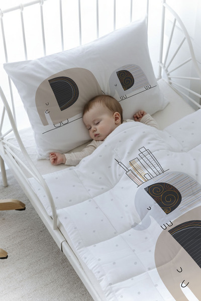 Tuğba Kuğu Organic Printed Montessori (100X200) Quilt Set - Pure Baby Series - Elephants and Houses