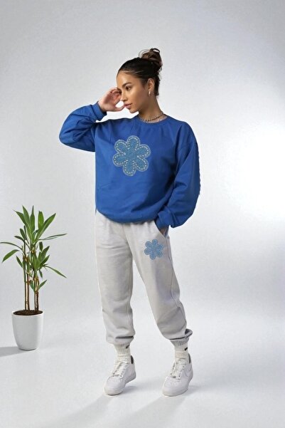 Wish BF supradimensionat Set de trening Blue Flower cu imprimeu cu glugă pent...