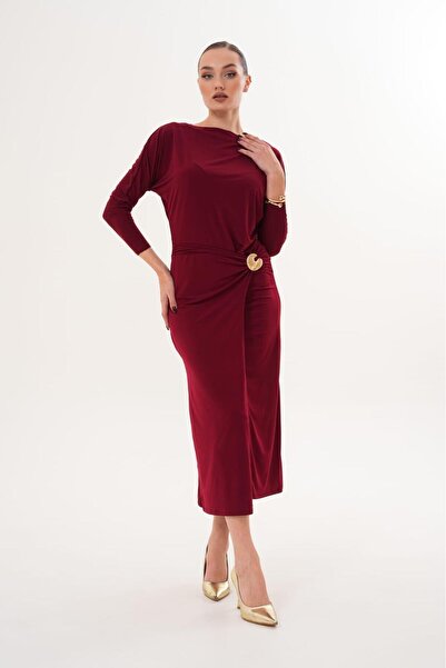 MILANOFOX Gold Tokalı Yırtmaçlı Asimetrik Omuz Midi Elbise | Abiye, Kokteyl, Mezuniyet, Davet