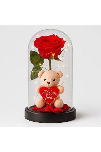 HediyeFilesi LED Işıklı Mika Fanus İçinde Gül ve Lüx Peluş Ayıcık – 20 cm Sev...