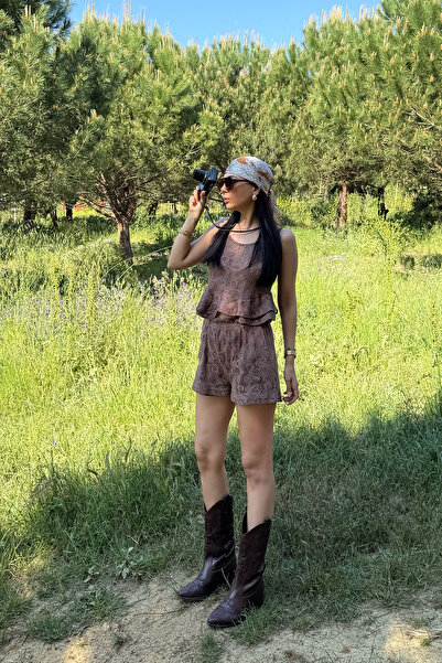 Seda Yalçın Atelier Crochet Set with Coffee-Colored Suspender Shorts