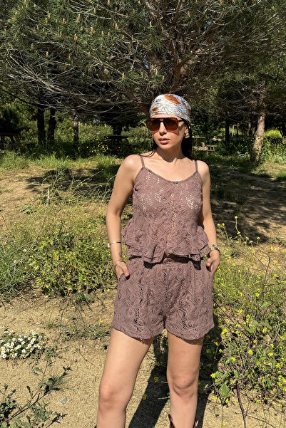 Seda Yalçın Atelier Crochet Set with Coffee-Colored Suspender Shorts