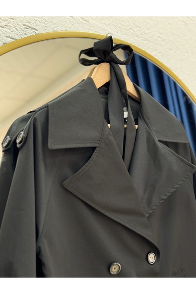 BENAHOLL Camique Kol Ucu Lastikli ve Kemerli Çift Cepli Trençkot-KT1235 Siyah