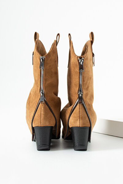Gökçe Shoes Sayda Taba Süet Fermuar Detay Kadın Western Topuklu Bot