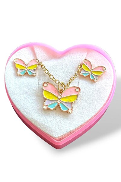 TAKIŞTIR Gold Color Butterfly Figured Children's Earrings and Necklace Set