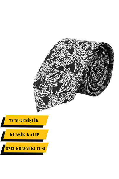 Elegante Cravatte Black Color Leaf Patterned Tie - Special Boxed