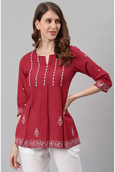 IndHeritage Dark red cotton top with white thread works perfect for office / casual wear