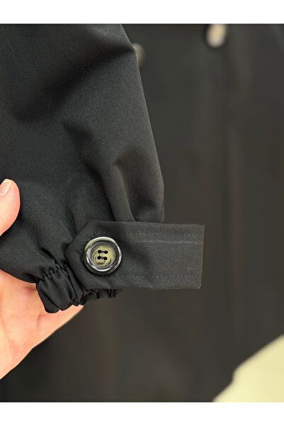 BENAHOLL Camique Kol Ucu Lastikli ve Kemerli Çift Cepli Trençkot-KT1235 Siyah