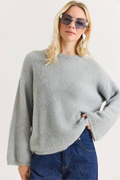 Raneel Kazançlı Alışveriş Women's crew neck oversize soft furry sweater gray