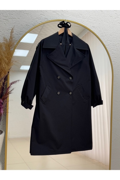 BENAHOLL Camique Kol Ucu Lastikli ve Kemerli Çift Cepli Trençkot-KT1235 Siyah