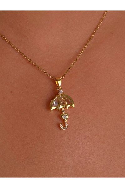 Furtek Aksesuar Kararmaz Çelik Zirkon Taşlı Şemsiye Kolye Gold Kaplama Trend ...
