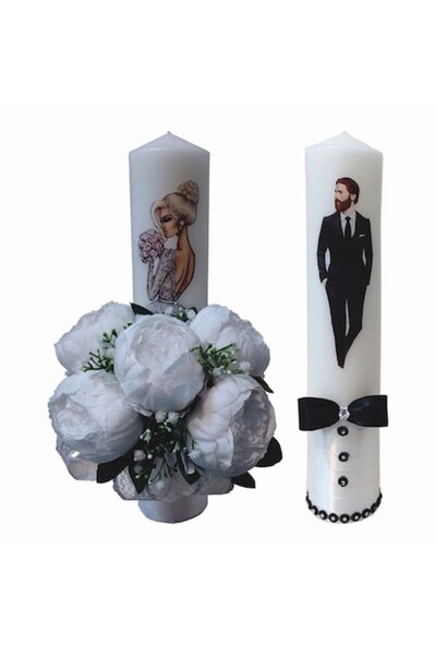 OEM Set of 2 Wedding Candles, thick, length 35 cm decorated with white, artif...