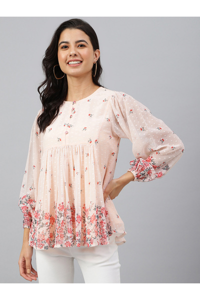 IndHeritage Beige georgette top with white floral prints perfect for office / casual wear