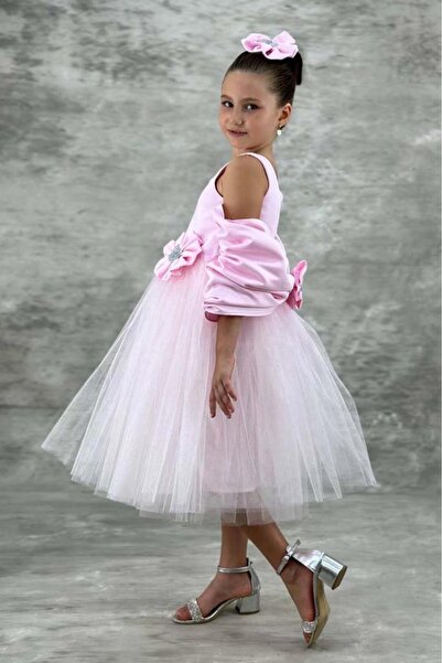Riccotarz Girl's Square Neck Zero Sleeve Skirt Tulle Fluffy Satin Oversleeve Detailed Pink Evening Dress