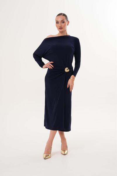 MILANOFOX Gold Tokalı Yırtmaçlı Asimetrik Omuz Midi Elbise | Abiye, Kokteyl, Mezuniyet, Davet