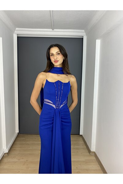 gökkuşagı moda Sax Straplez Bel Transparan Yırtmaçlı Krep Uzun Abiye Elbise
