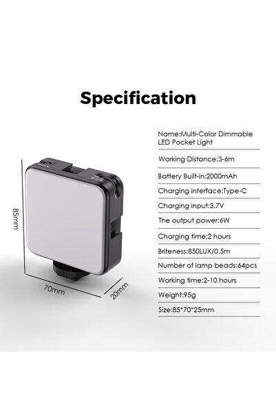 APEXEL Portable LED Camera Light, Apexel, FL03, Adjustable, 2500K-6500K, USB-C