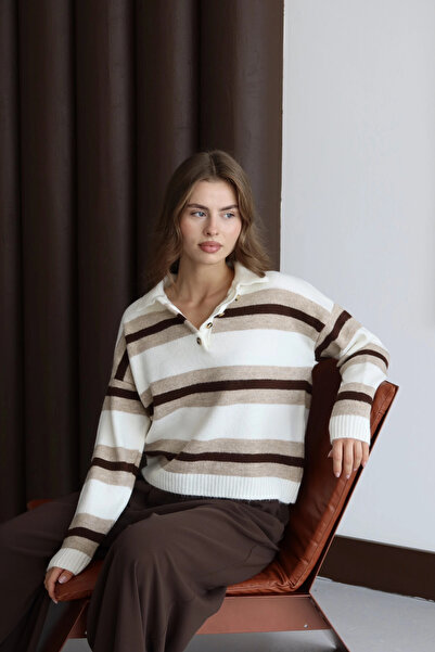 Park Karon Women's Bone Oversize Striped Polo Neck Knitwear Sweater