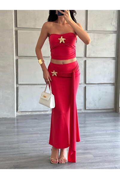 Coral Önü Yıldızlı Büstiyer Etek Takım Kırmızı