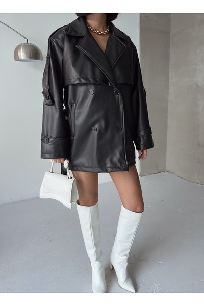 BEJNA Kadın Siyah Kuşaklı Suni Deri Trençkot