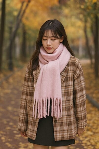 PriStyle Eșarfă moale și călduroasă cu franjuri elegante, toamnă-iarnă, confortabilă și versatilă, roz,