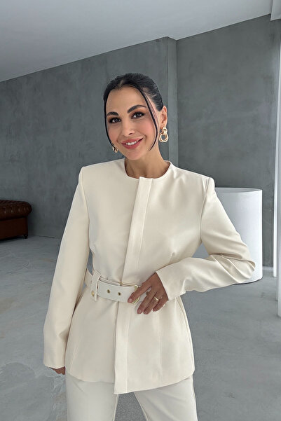 Seda Yalçın Atelier Ecru Gold Belted Jacket Pants Set