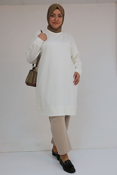 Eslina 58151 Plus Size Modal Tunic with Self-Ribbed Sleeves and Hem - Ecru