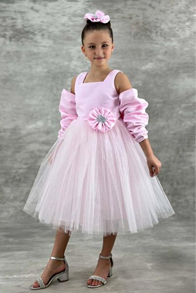 Riccotarz Βραδινό φόρεμα για κορίτσια με τετράγωνο λαιμόκοψη, μη μανίκια, τούλι, ροζ βραδινό φόρεμα με λεπτομέρεια από σατέν