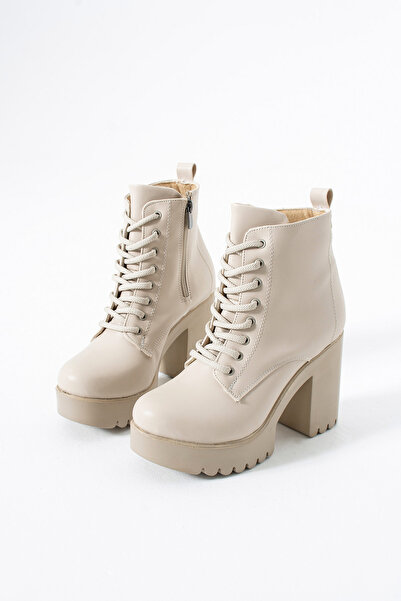 Gökçe Shoes Vanessa Krem Platform Taban Bağçıklı Kadın Topuklu Bot
