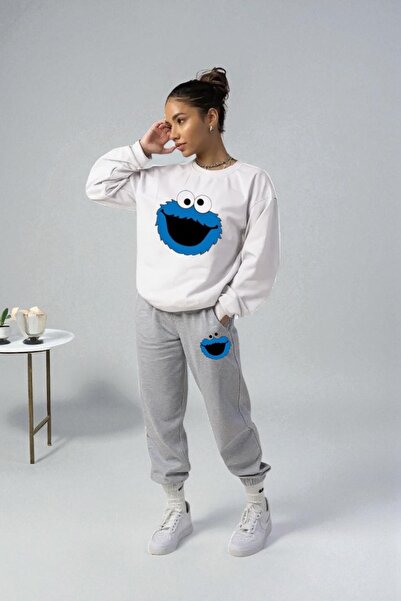 Wish BF طقم بدلة رياضية بقلنسوة مطبوع عليها وحش أزرق كبير الحجم مبطن بالقطن م...