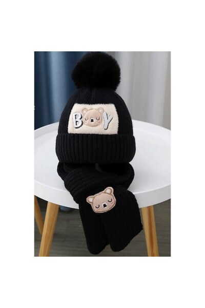 PriStyle Set căciulă și eșarfă pentru copii, tricotaj gros, model ursuleț, că...