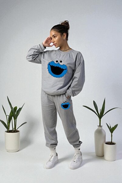 Wish BF supradimensionat Blue Monster cu imprimeu cu glugă Set de trening pen...