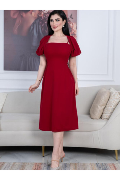 TREN Elegant Red Crepe Midi Dress Square Neck Puff Sleeve Vintage Cocktail Party Women
